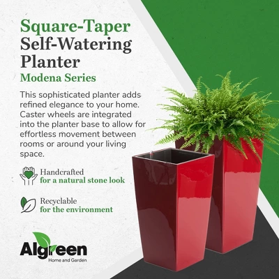 Algreen Modena 22-Inch Tall Inside/Outside Self-Watering Square Decorative Planter Pot With Wheels, Glossy Red 5 Algreen Modena 22-Inch Tall Inside/Outside Self-Watering Square Decorative Planter Pot With Wheels, Glossy Red - Image 3