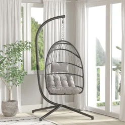 Merrick Lane Foldable Woven Hanging Egg Chair In Gray With Removable Gray Cushions And Stand For Indoor And Outdoor Use -Sunnydaze Decor Store GUEST ce24bf03 5344 4f43 85cf 0728960c5a5d