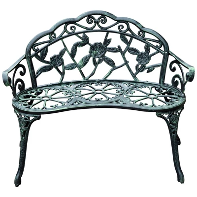 Outsunny Garden Bench Loveseat With Floral Rose Style, Cast Aluminum Frame For Outdoor, Patio, Park, Deck, Antique Green 5 Outsunny Garden Bench Loveseat With Floral Rose Style, Cast Aluminum Frame For Outdoor, Patio, Park, Deck, Antique Green - Image 3