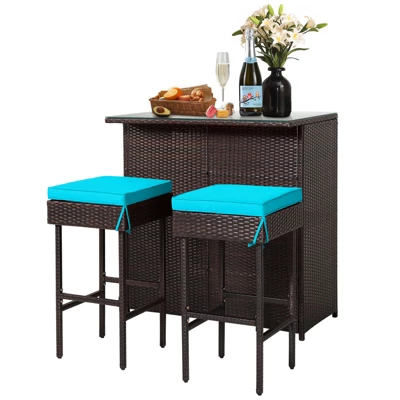 Tangkula 3PCS Patio Wicker Rattan Bar Set Table W/2 Turquoise Cushioned Stools 10 Tangkula 3PCS Patio Wicker Rattan Bar Set Table W/2 Turquoise Cushioned Stools - Image 8