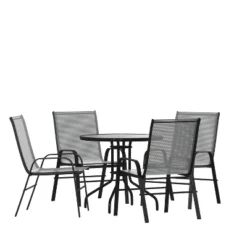 Emma And Oliver Five Piece Patio Table Set With Round Metal Table With Tempered Glass Top And 4 Flex Comfort Stacking Chairs -Sunnydaze Decor Store GUEST cf9c8e49 a7dd 4765 b441 02eec257d052
