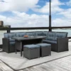 6pc Wicker Patio Conversation Set With Glass Table Ottomans & Cushions - Black/Dark Gray - GODEER