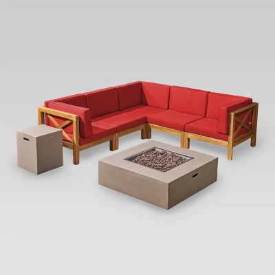 Brava 7pc Acacia Sectional Sofa Set With Fire Pit - Christopher Knight Home 3 Brava 7pc Acacia Sectional Sofa Set With Fire Pit - Christopher Knight Home