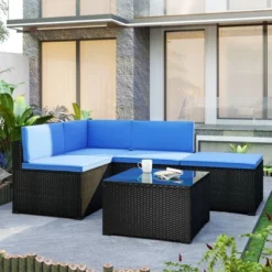 5pc Wicker Patio Sectional Seating Set With Cushions - Black/Blue - GODEER 25 5pc Wicker Patio Sectional Seating Set With Cushions - Black/Blue - GODEER -Sunnydaze Decor Store GUEST d08e1c90 219e 4be2 ae25 3dddae9ce1f7