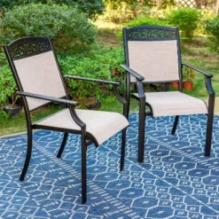 7pc Outdoor Dining Set With Sling Chairs & Metal Rectangle Table With Umbrella Hole - Captiva Designs -Sunnydaze Decor Store GUEST d0cbfdd7 769c 4269 9fb7 d68f7514b9ec