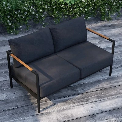 Merrick Lane Outdoor Loveseat With Removable Plush Fabric Cushions And Teak Accented Aluminum Frame 7 Merrick Lane Outdoor Loveseat With Removable Plush Fabric Cushions And Teak Accented Aluminum Frame - Image 5