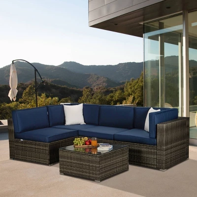 5pc Outdoor Rattan Wicker Sectional Conversation Set With Cushions - Brown/Blue - GODEER 3 5pc Outdoor Rattan Wicker Sectional Conversation Set With Cushions - Brown/Blue - GODEER