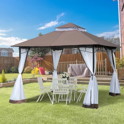 Outsunny 116.25" X 116.25" Outdoor Patio Gazebo Canopy Tent With Mesh Sidewalls, 2-Tier Canopy For Backyard, Coffee 3 Outsunny 116.25" X 116.25" Outdoor Patio Gazebo Canopy Tent With Mesh Sidewalls, 2-Tier Canopy For Backyard, Coffee
