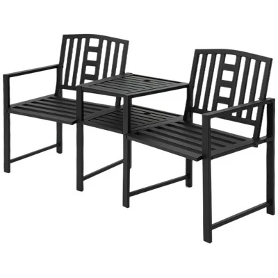 Outsunny Metal Garden Bench With Middle Table And Umbrella Hole, 2-in-1 Double Patio Chairs, Outdoor 2-person Tete-a-Tete, Slatted, Black 5 Outsunny Metal Garden Bench With Middle Table And Umbrella Hole, 2-in-1 Double Patio Chairs, Outdoor 2-person Tete-a-Tete, Slatted, Black - Image 3