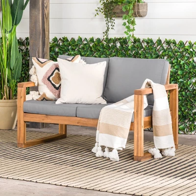 Galia Square Leg Acacia Wood Patio Loveseat With Cushions - Brown - Saracina Home 3 Galia Square Leg Acacia Wood Patio Loveseat With Cushions - Brown - Saracina Home