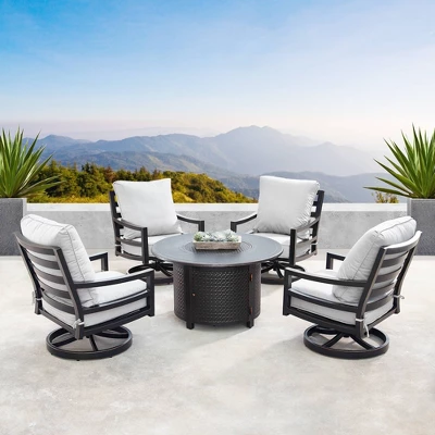 5pc Outdoor Fire Table Set With Hammered 44" Round Fire Table, 4 Deep Seating Swivel Rocking Chairs & Table Fabric Covers - Oakland Living 3 5pc Outdoor Fire Table Set With Hammered 44" Round Fire Table, 4 Deep Seating Swivel Rocking Chairs & Table Fabric Covers - Oakland Living