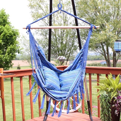 Sunnydaze Decor Sunnydaze Double Cushion Hanging Rope Hammock Chair Swing - 265 Lb Weight Capacity - Cornflower Stripes 3 Sunnydaze Decor Sunnydaze Double Cushion Hanging Rope Hammock Chair Swing - 265 Lb Weight Capacity - Cornflower Stripes