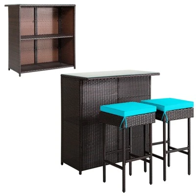 Tangkula 3PCS Patio Wicker Rattan Bar Set Table W/2 Turquoise Cushioned Stools 11 Tangkula 3PCS Patio Wicker Rattan Bar Set Table W/2 Turquoise Cushioned Stools - Image 9
