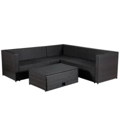 4pc Wicker Patio Sectional Seating Set With Cushions - Brown/Blue - GODEER 27 4pc Wicker Patio Sectional Seating Set With Cushions - Brown/Blue - GODEER -Sunnydaze Decor Store GUEST db78b01a 346c 4449 b809 0c22f3b2b7d0