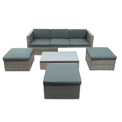 5pc Outdoor Wicker Conversations Set With Adjustable Sofa, Ottomans & Accent Table - Gray - GODEER 6 5pc Outdoor Wicker Conversations Set With Adjustable Sofa, Ottomans & Accent Table - Gray - GODEER - Image 4