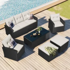 6pc Wicker Patio Conversation Set With Sofa, Arm Chairs, Ottomans & Coffee Table - Black/Beige - GODEER -Sunnydaze Decor Store GUEST dd3f6e98 4c99 466f 92b6 ca58a1a47b74