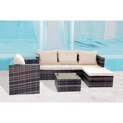 4pc Wicker Patio Sectional Seating Set With Sofa, Arm Chair, Ottoman & Accent Table - Brown/Beige - GODEER 4 4pc Wicker Patio Sectional Seating Set With Sofa, Arm Chair, Ottoman & Accent Table - Brown/Beige - GODEER - Image 2
