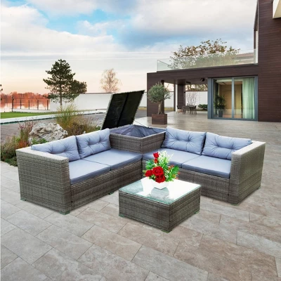 4pc Wicker Patio Conversation Seating Set With Thick Cushions - Gray - GODEER 4 4pc Wicker Patio Conversation Seating Set With Thick Cushions - Gray - GODEER - Image 2