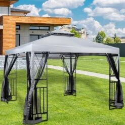 SUGIFT 10' X 10' Outdoor Patio Gazebo Canopy With Mesh Netting Sidewalls And Steel Frame - Light Gray -Sunnydaze Decor Store GUEST dde93233 4462 47c0 a50d 8bdc9e4ec556