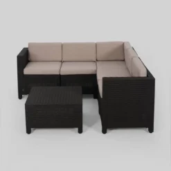 Waverly 6pc All Weather Faux Wicker Sectional Sofa Set - Brown/Beige - Christopher Knight Home