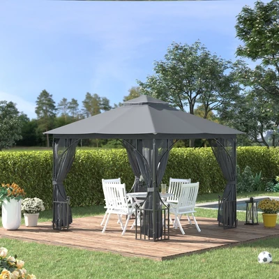 Outsunny 10' X 10' Patio Gazebo Canopy Outdoor Pavilion With Mesh Netting SideWalls, 2-Tier Polyester Roof, & Steel Frame, Dark Gray 4 Outsunny 10' X 10' Patio Gazebo Canopy Outdoor Pavilion With Mesh Netting SideWalls, 2-Tier Polyester Roof, & Steel Frame, Dark Gray - Image 2