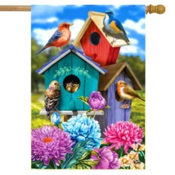 Colorful Birdhouses Spring House Flag 28 X 40 Briarwood Lane