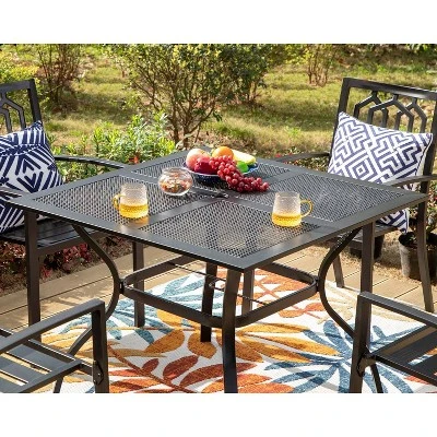 Captiva Designs 5pc Steel Outdoor Patio Dining Set With Patterned Arm Chairs & Square Table With Umbrella Hole Black 3 Captiva Designs 5pc Steel Outdoor Patio Dining Set With Patterned Arm Chairs & Square Table With Umbrella Hole Black