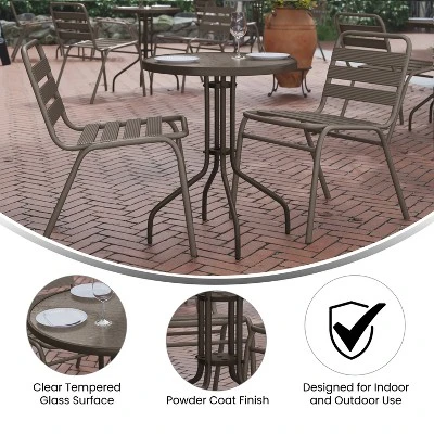 Flash Furniture Lila 23.75'' Round Glass Metal Table With 2 Metal Aluminum Slat Stack Chairs 9 Flash Furniture Lila 23.75'' Round Glass Metal Table With 2 Metal Aluminum Slat Stack Chairs - Image 7