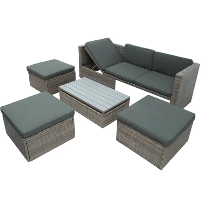 5pc Outdoor Wicker Conversations Set With Adjustable Sofa, Ottomans & Accent Table - Gray - GODEER 5 5pc Outdoor Wicker Conversations Set With Adjustable Sofa, Ottomans & Accent Table - Gray - GODEER - Image 3