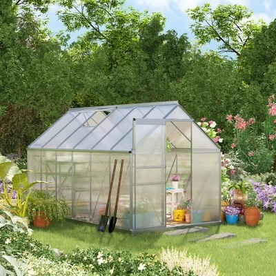 Outsunny Aluminum Greenhouse, Polycarbonate Walk-in Garden Greenhouse Kit With Adjustable Roof Vent, Rain Gutter And Sliding Door For Winter, Silver 3 Outsunny Aluminum Greenhouse, Polycarbonate Walk-in Garden Greenhouse Kit With Adjustable Roof Vent, Rain Gutter And Sliding Door For Winter, Silver