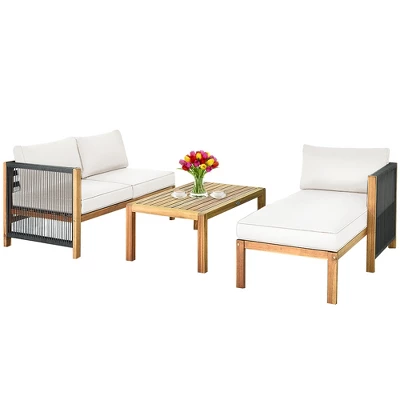 Tangkula 3PCS Patio Acacia Wood Sofa Furniture Set Thick Cushion W/ Nylon Rope Armrest Gray/White 9 Tangkula 3PCS Patio Acacia Wood Sofa Furniture Set Thick Cushion W/ Nylon Rope Armrest Gray/White - Image 7