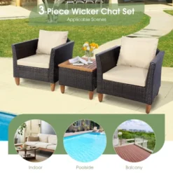 Tangkula 3 Pieces Outdoor Rattan Furniture Set Wicker Bistro Set Wooden Table Top With Cushions -Sunnydaze Decor Store GUEST e88a0994 7fd5 41f2 932f 0ab41c006601