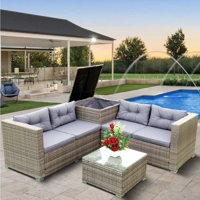 4pc Wicker Patio Conversation Seating Set With Thick Cushions - Gray - GODEER 3 4pc Wicker Patio Conversation Seating Set With Thick Cushions - Gray - GODEER