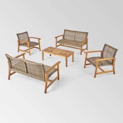 Hampton 5pc Wood & Wicker Loveseat Chat Set - Natural/Gray - Christopher Knight Home 3 Hampton 5pc Wood & Wicker Loveseat Chat Set - Natural/Gray - Christopher Knight Home