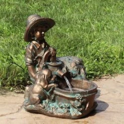 Sunnydaze Decor Sunnydaze Outdoor Polyresin Boy With Dog Solar Powered Water Fountain Feature With LED Light - 15" - Light Brown