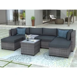 7pc Outdoor Set With Rattan Sofa & Cushions - Gray - GODEER