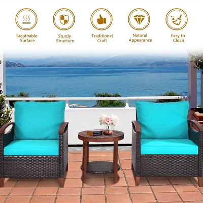 Tangkula 3-Piece Patio Rattan Bistro Set Acacia Wood Frame Sofa And Side Table 8 Tangkula 3-Piece Patio Rattan Bistro Set Acacia Wood Frame Sofa And Side Table - Image 6
