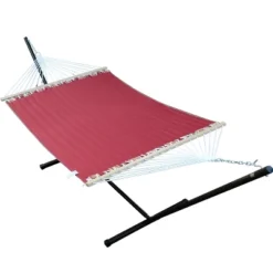 12' Steel Hammock Stand With Quilted Fabric Hammock With Matching Pillow - Red/Brown - Algoma -Sunnydaze Decor Store GUEST f02fdb74 42f7 473a baef a79fe39966cd
