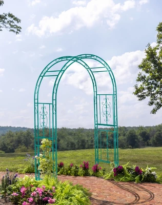 Evergreen Montebello Iron Garden Arbor, Coastal Blue- 53 X 84 X 23 Inches Fade And Weather Resistant Outdoor Decor 3 Evergreen Montebello Iron Garden Arbor, Coastal Blue- 53 X 84 X 23 Inches Fade And Weather Resistant Outdoor Decor
