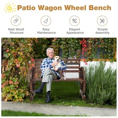 Costway Outdoor Wooden Wagon Wheel Garden Bench 2-Person Slatted Seat Armrests Rustic 5 Costway Outdoor Wooden Wagon Wheel Garden Bench 2-Person Slatted Seat Armrests Rustic - Image 3