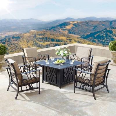 5pc Set With 42" Square Outdoor Aluminum Fire Table & Four Chairs - Oakland Living 3 5pc Set With 42" Square Outdoor Aluminum Fire Table & Four Chairs - Oakland Living