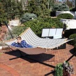 Sunnydaze Decor Sunnydaze Polycotton 2-Person Hammock With Curved Bamboo Foldable Spreader Bars - 450 Lb Weight Capacity - Neutral Stripe 15 Sunnydaze Decor Sunnydaze Polycotton 2-Person Hammock With Curved Bamboo Foldable Spreader Bars - 450 Lb Weight Capacity - Neutral Stripe -Sunnydaze Decor Store GUEST f42de0fd 89ae 4b0a b652 4676d81623d8