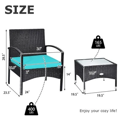 Tangkula 3 PCS Patio Wicker Rattan Furniture Set Coffee Table & 2 Rattan Chair W/ Cushion Turquoise 9 Tangkula 3 PCS Patio Wicker Rattan Furniture Set Coffee Table & 2 Rattan Chair W/ Cushion Turquoise - Image 7