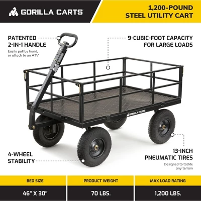 Gorilla Cart GOR1200-COM 9 Cubic Feet 1200 Pound Capacity Heavy Duty Durable Steel Utility Wagon Cart W/ 2 In 1 Towing Handle & Removable Sides, Black 3 Gorilla Cart GOR1200-COM 9 Cubic Feet 1200 Pound Capacity Heavy Duty Durable Steel Utility Wagon Cart W/ 2 In 1 Towing Handle & Removable Sides, Black