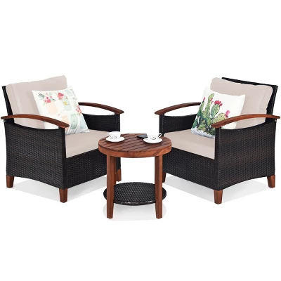 Tangkula 3-Piece Patio Rattan Bistro Set Acacia Wood Frame Sofa And Side Table 6 Tangkula 3-Piece Patio Rattan Bistro Set Acacia Wood Frame Sofa And Side Table - Image 4