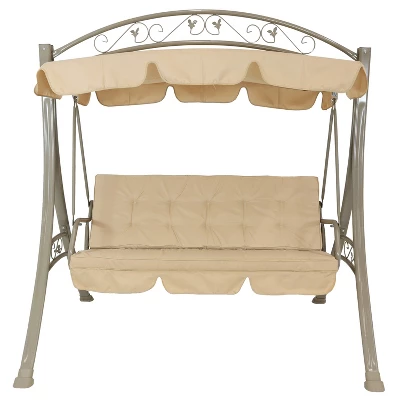 Sunnydaze Decor Sunnydaze Outdoor 3-Person Steel Patio Swing With Adjustable Canopy And Tufted Cushions, Beige 11 Sunnydaze Decor Sunnydaze Outdoor 3-Person Steel Patio Swing With Adjustable Canopy And Tufted Cushions, Beige - Image 9