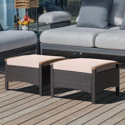 Costway Set Of 2 Patio Rattan Ottoman Footrest Cushions Wooden Handle Off WhiteBrownRedNavy 11 Costway Set Of 2 Patio Rattan Ottoman Footrest Cushions Wooden Handle Off WhiteBrownRedNavy - Image 9