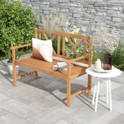 Costway 2-Person Bench Patio Acacia Wood Outdoor Loveseat Chair Garden Natural