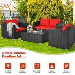 Costway 4PCS Patio Rattan Furniture Set Cushioned Sofa Chair Coffee Table Garden Red -Sunnydaze Decor Store GUEST facc44ea e377 408a b3d3 c6b18bf32e31