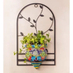 Wind & Weather Handcrafted Talavera-Style Terra Cotta Flat-Backed Wall Planter With Wrought Iron Hanger